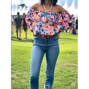 Bar III Women's Multicolor Floral Off-Shoulder Floral Ruffle Top Size Medium